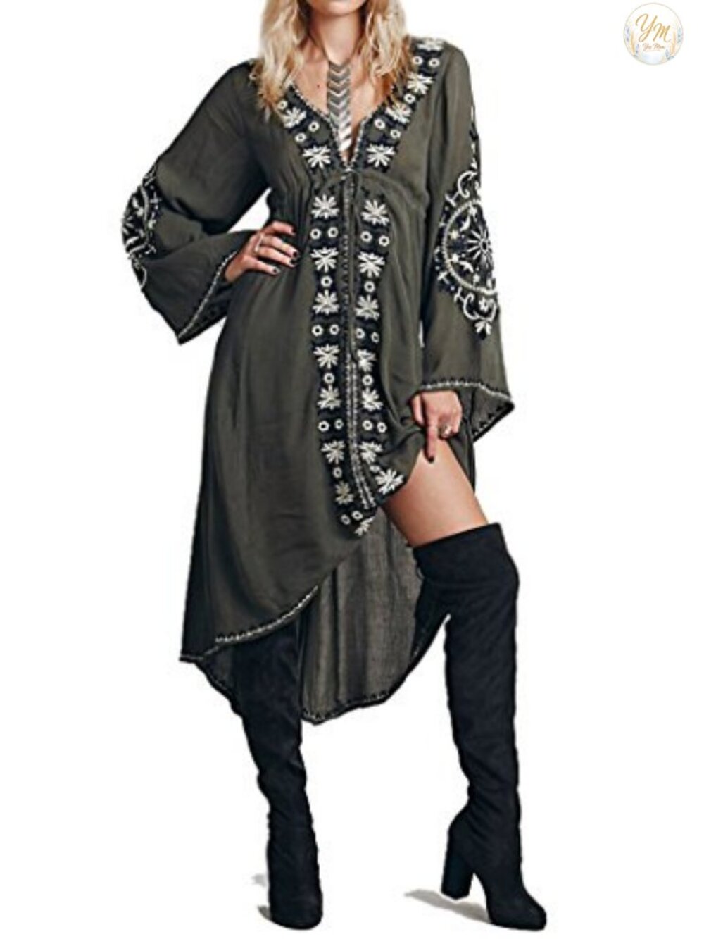 R.Vivimos Floral Embroidered High Low Long Sleeve Dress